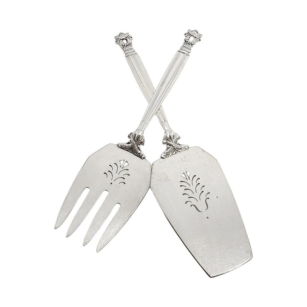 Georg Jensen & Wendel Denmark Acorn Sterling Silver 2pc Fish Serving Set #14715